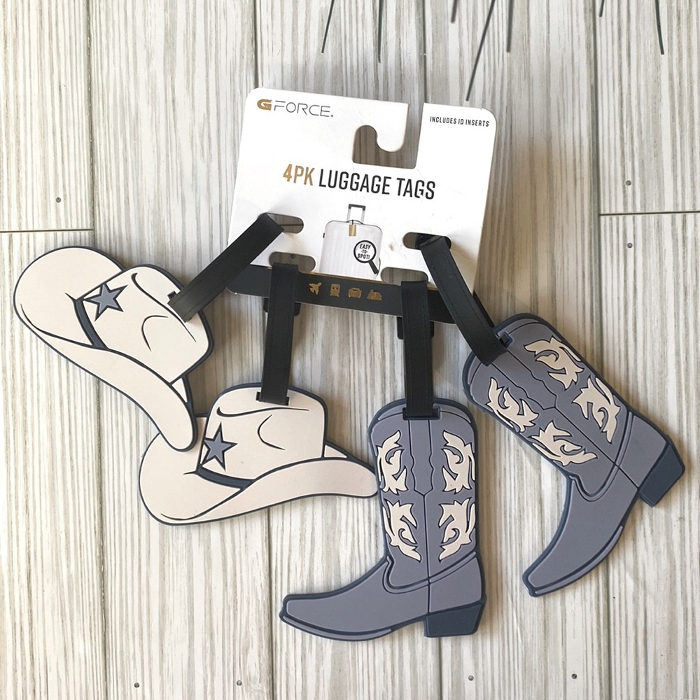 G FORCE Set of 4 Western Cowboy Cowgirl Boots and Hats Luggage Tags